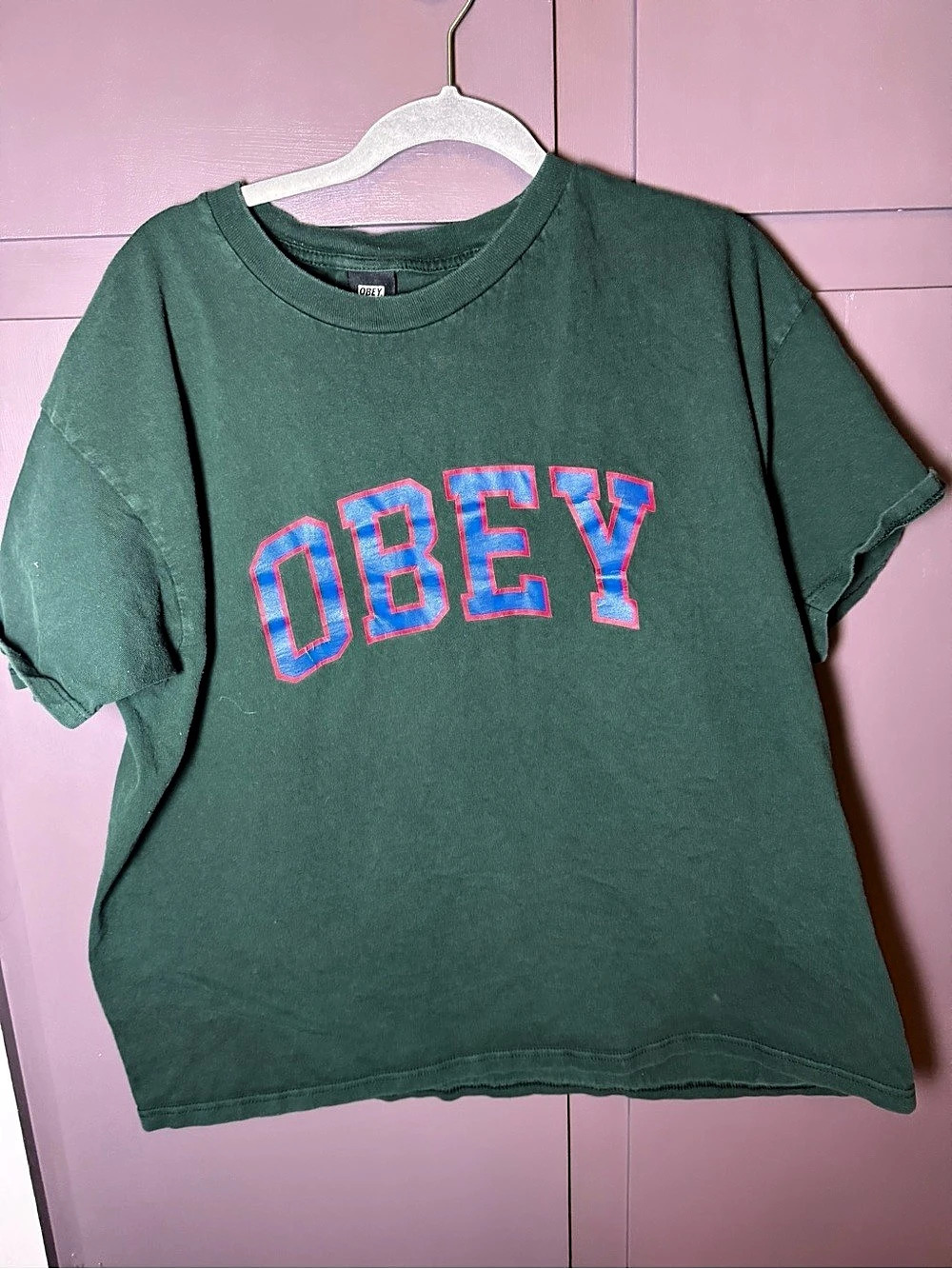 OBEY Varsity Arch Logo T-Shirt Graphic Tee Green & Blue XL